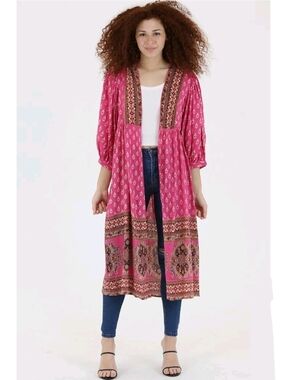 NWT Angie Pink Boho Paisley Floral Poet Sleeve Open Front Duster Kimono Large